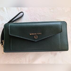 Michael Kors Large Dark Green Saffiano Leather Wristlet Wallet New!
